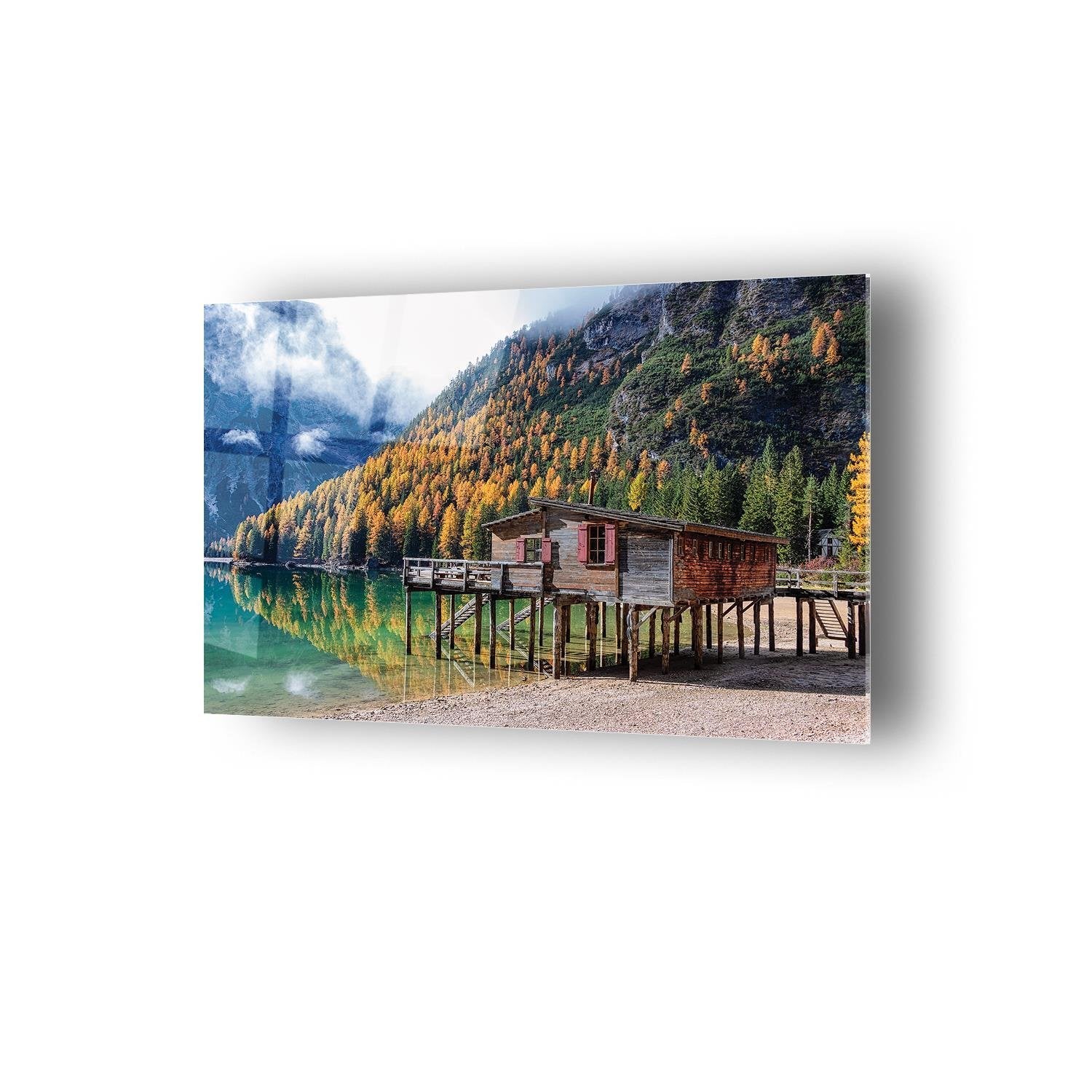 Manzaralı Ahşap Ev Temalı Cam Tablo