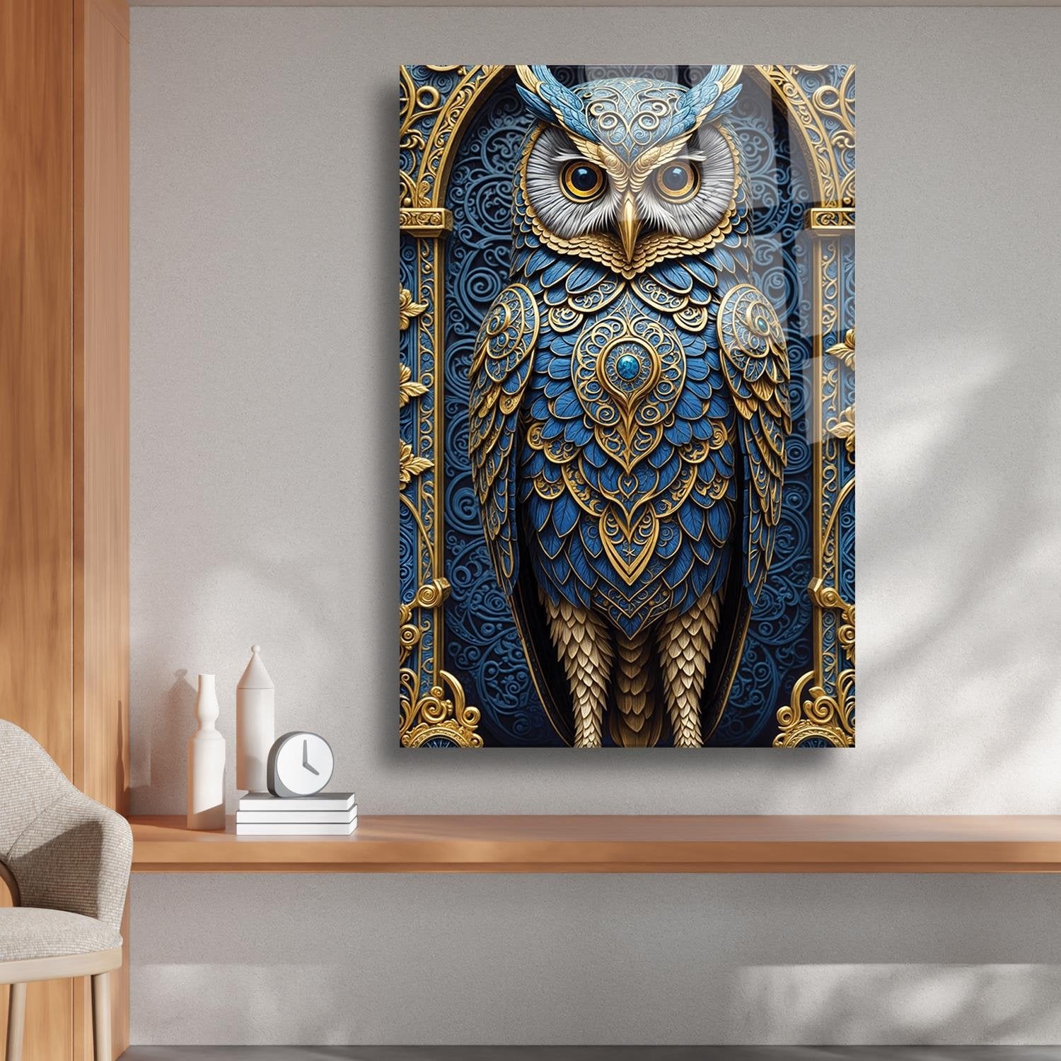 Mavi Ve Gold Temalı Baykuş Cam Tablo