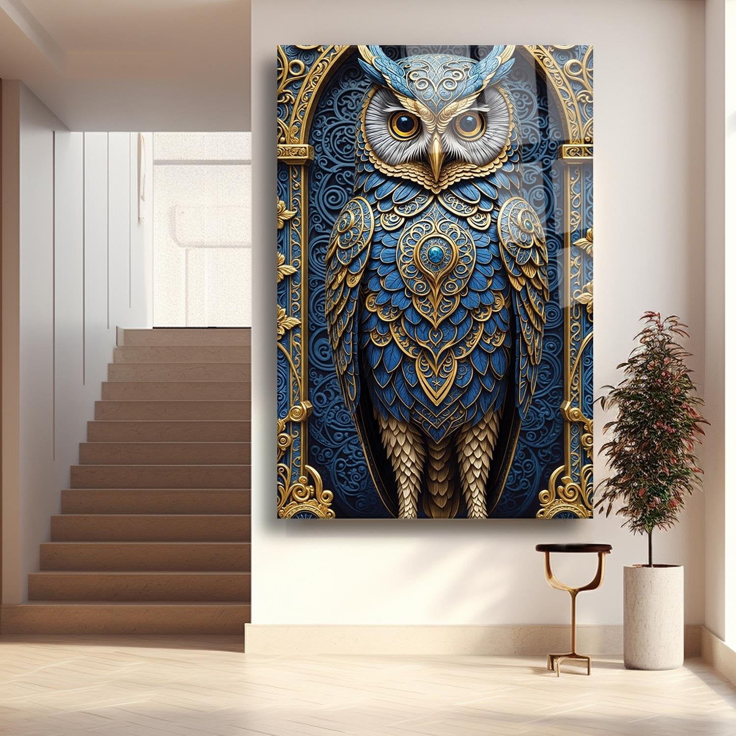 Mavi Ve Gold Temalı Baykuş Cam Tablo