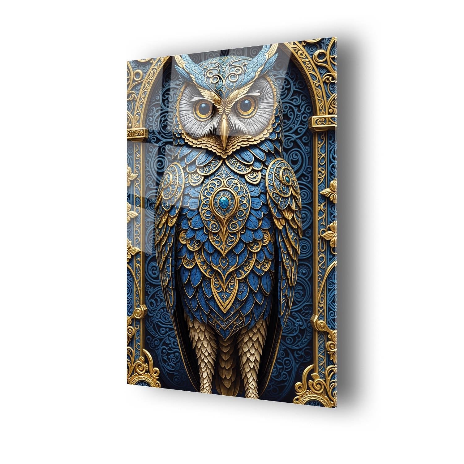 Mavi Ve Gold Temalı Baykuş Cam Tablo