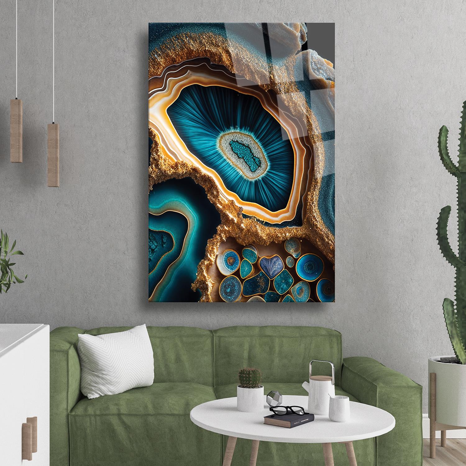 Modern Sanat Mavi Sarı Deniz Kabugu Dayanıklı Cam Tablo