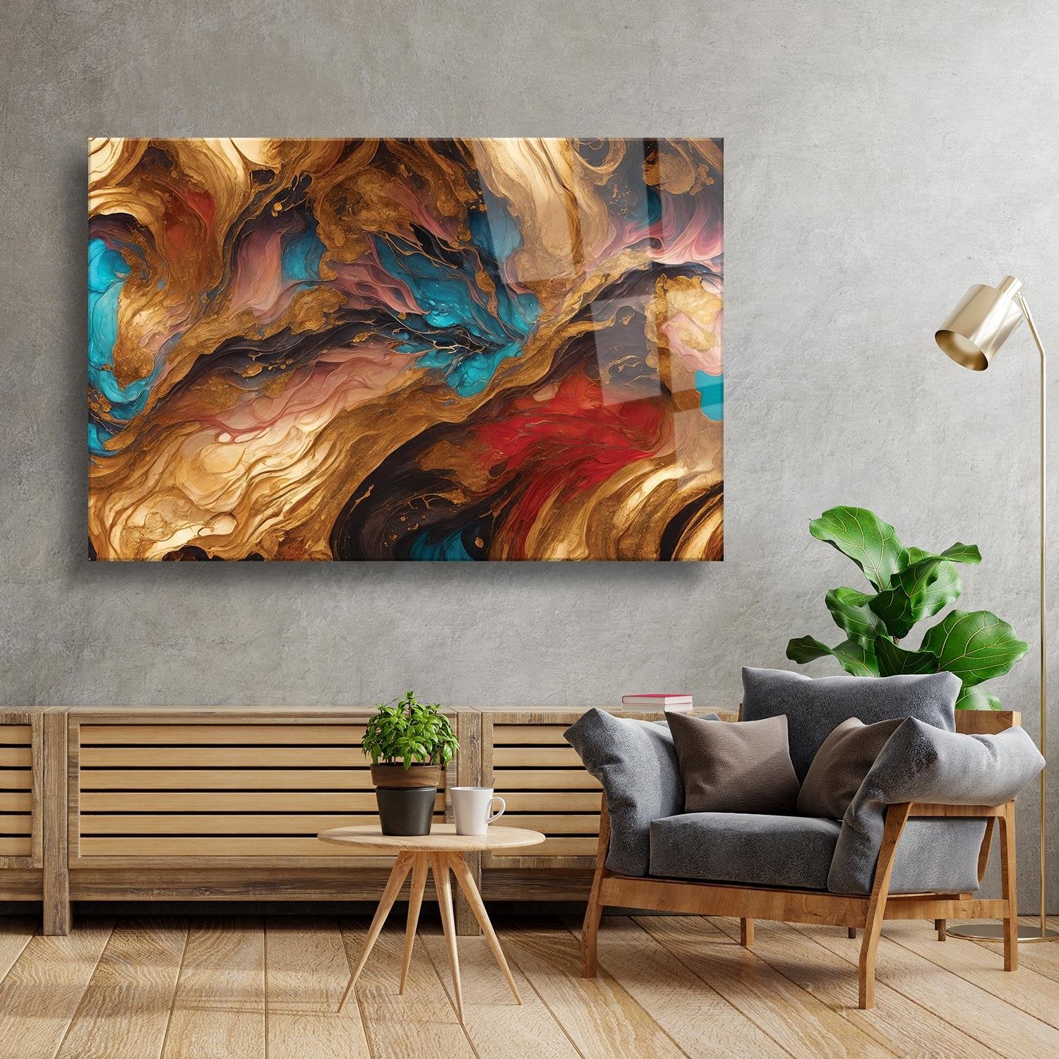 Modern Sanatsal Ahşap Ve Turkuaz Temalı Cam Tablo