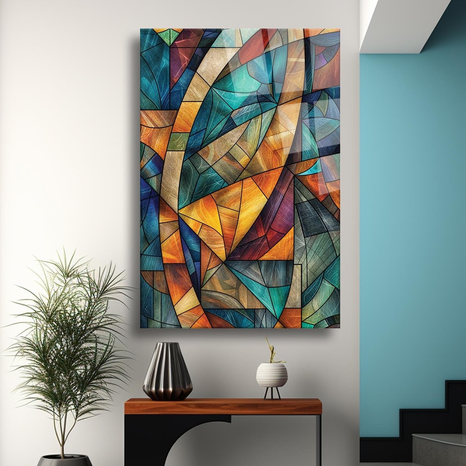 Modern Sanatsal Geometrik Renklerin Uyumu Temalı Cam Tablo