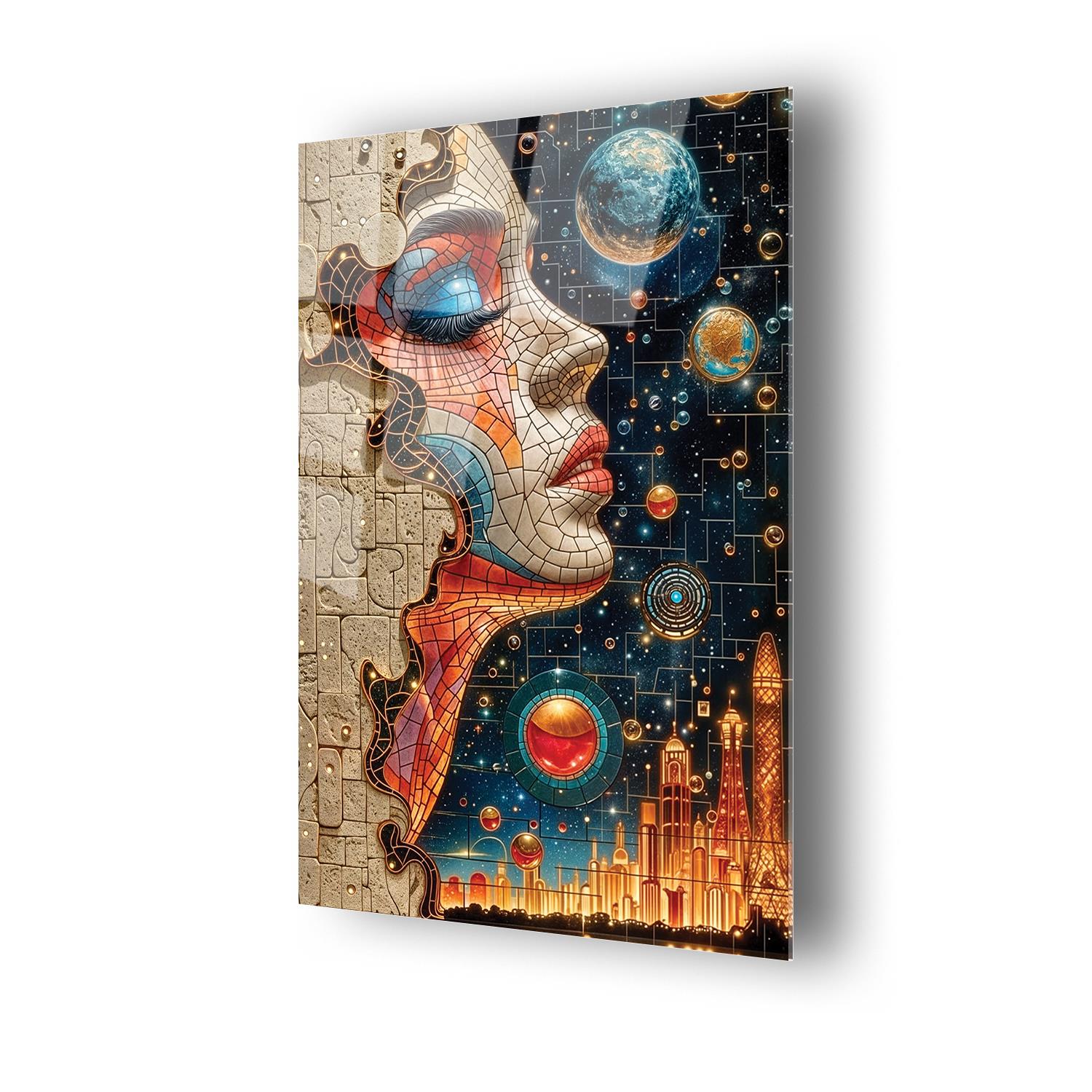 Mozaik Desenli Yan Kadın Portresi Dayanıklı Cam Tablo