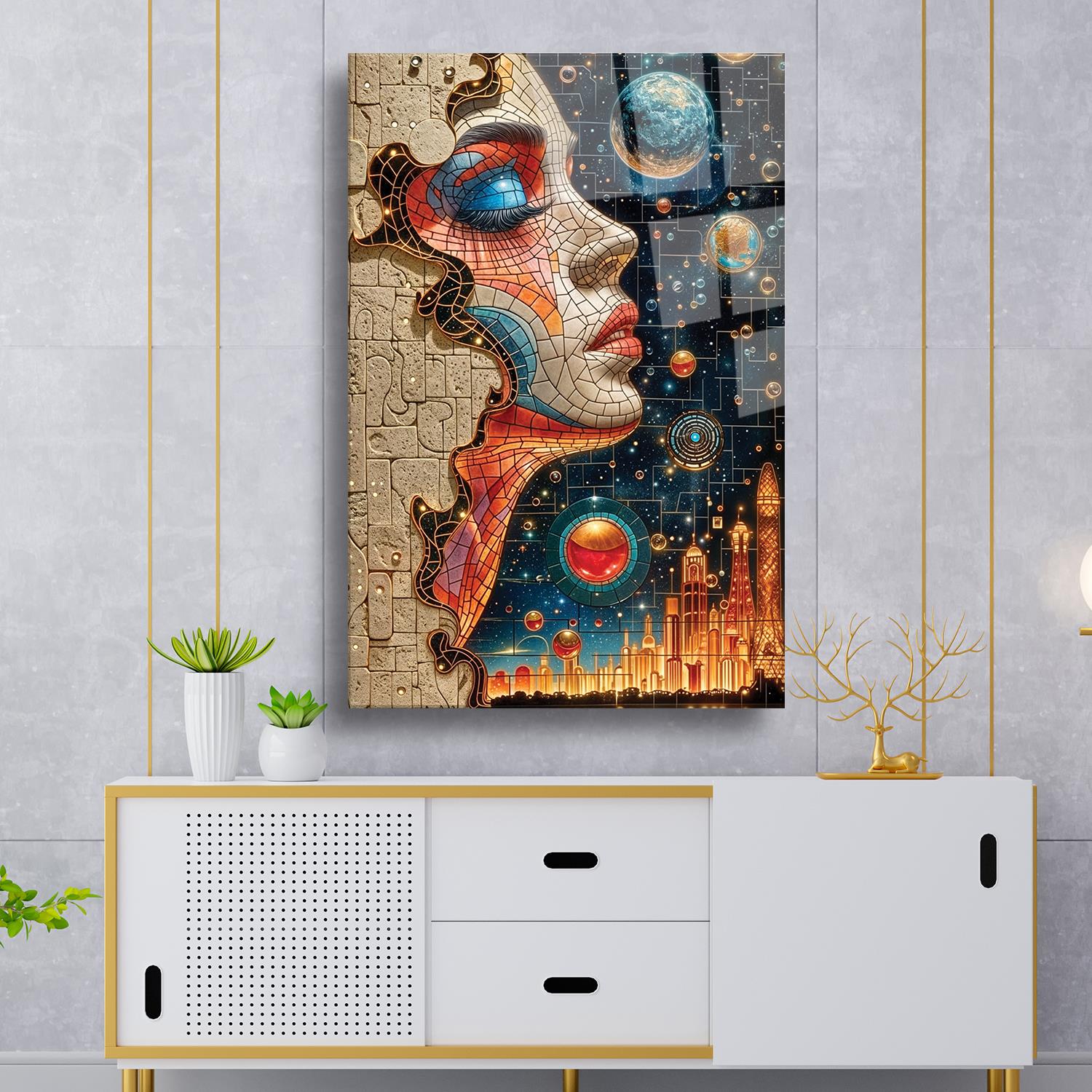 Mozaik Desenli Yan Kadın Portresi Dayanıklı Cam Tablo