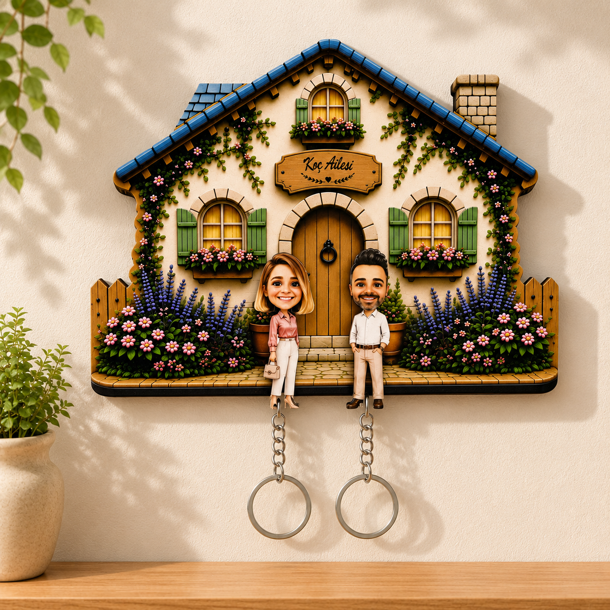 Kişiye Özel Ahşap Ev Anahtarlık Askılığı | NC-001 Bloom Cottage | Çiftlere Özel