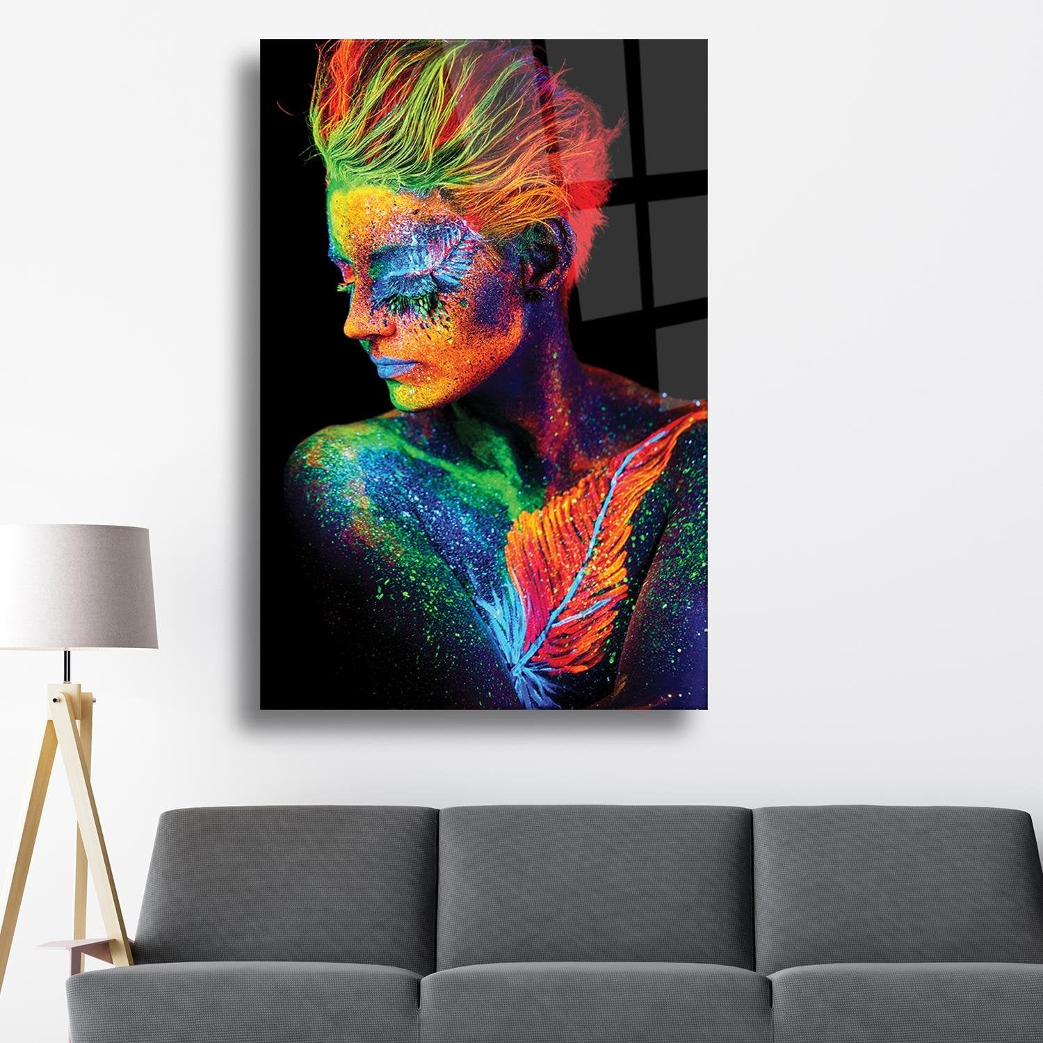 Neon Kadın Siyah Arka Plan Temalı Cam Tablo