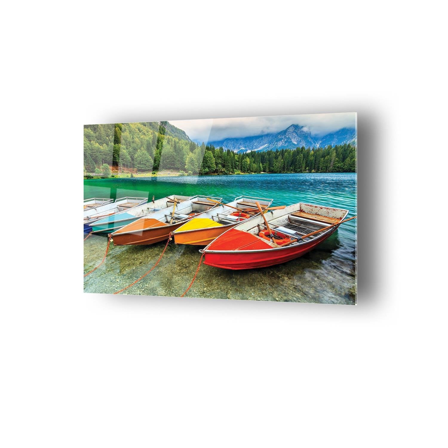 Renkli Kayık Ve Manzara Temalı Cam Tablo