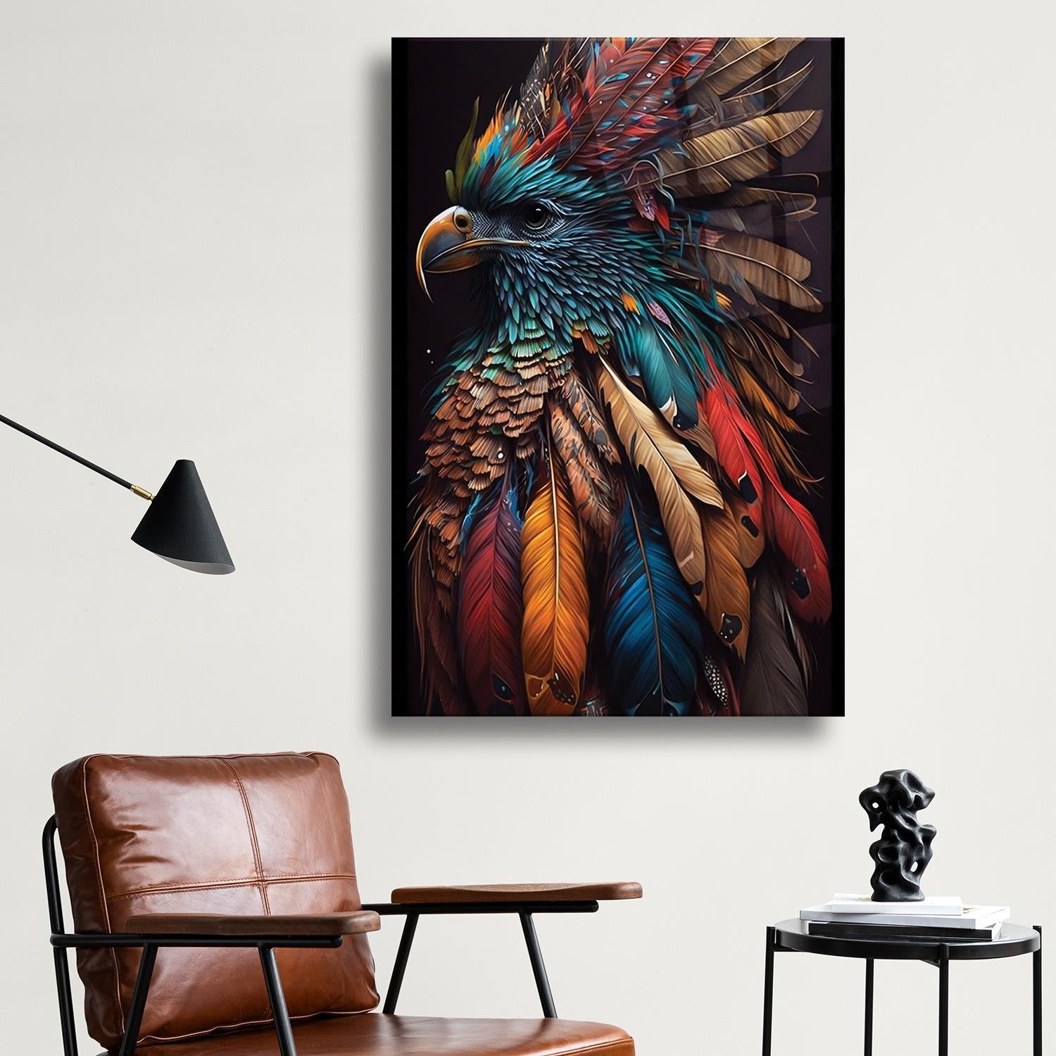 Renkli Tüylere Sahip Kuş Cam Tablo