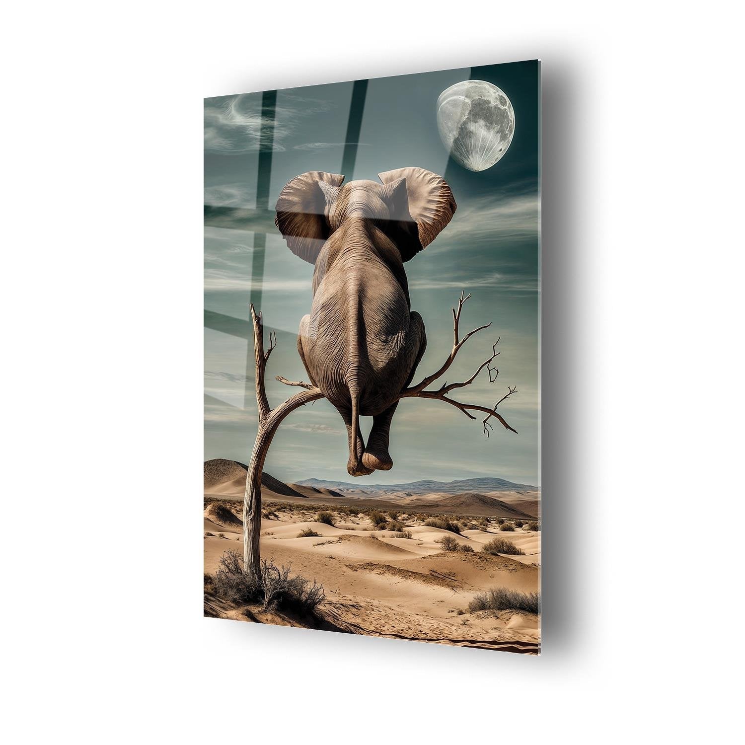 Sürrealist Ağaç Üzeri Fil Cam Tablo