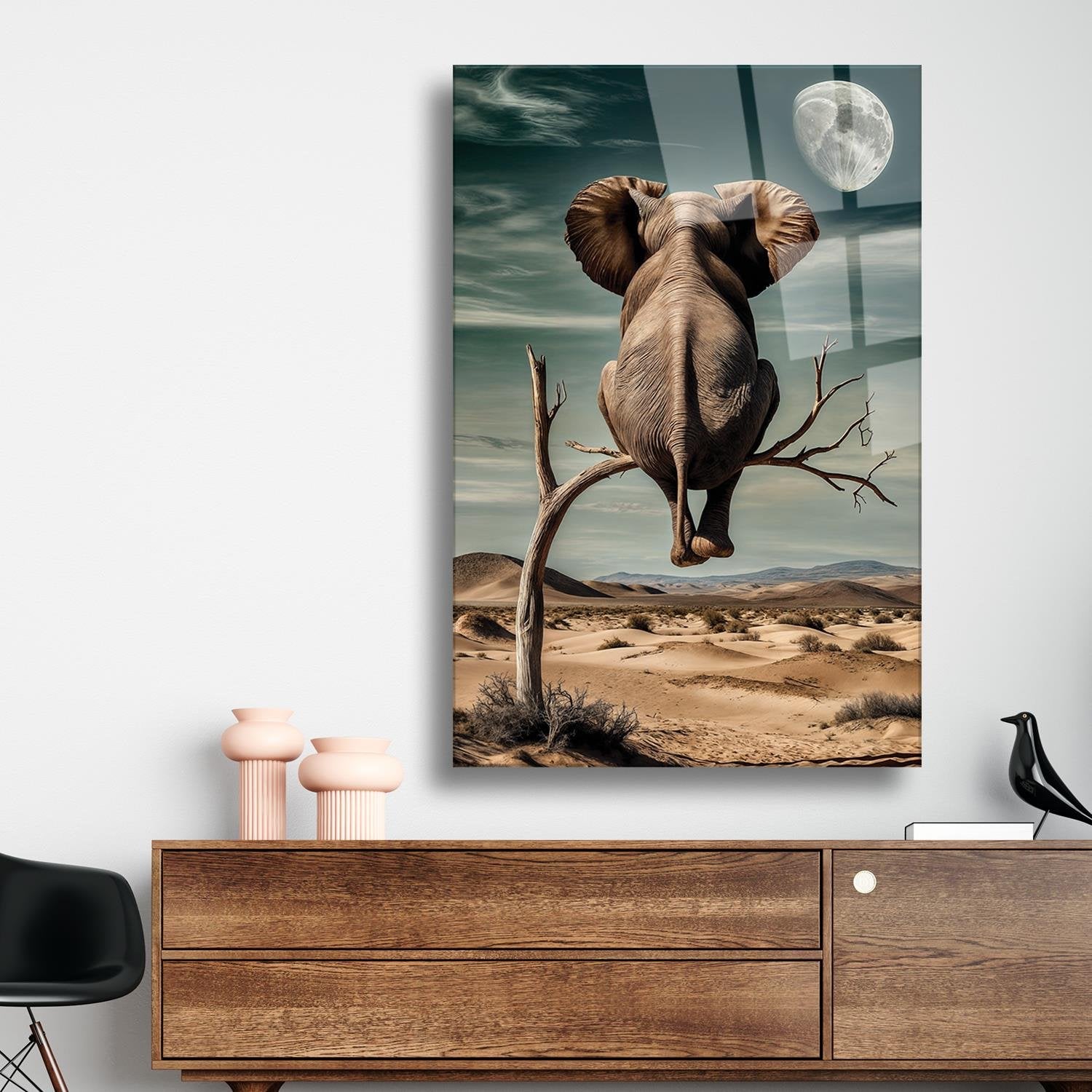 Sürrealist Ağaç Üzeri Fil Cam Tablo