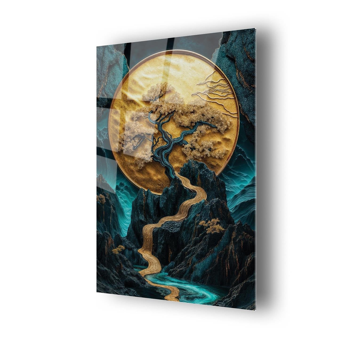 Sürrealist Ay Önü Kuru Ağaç Temalı Cam Tablo