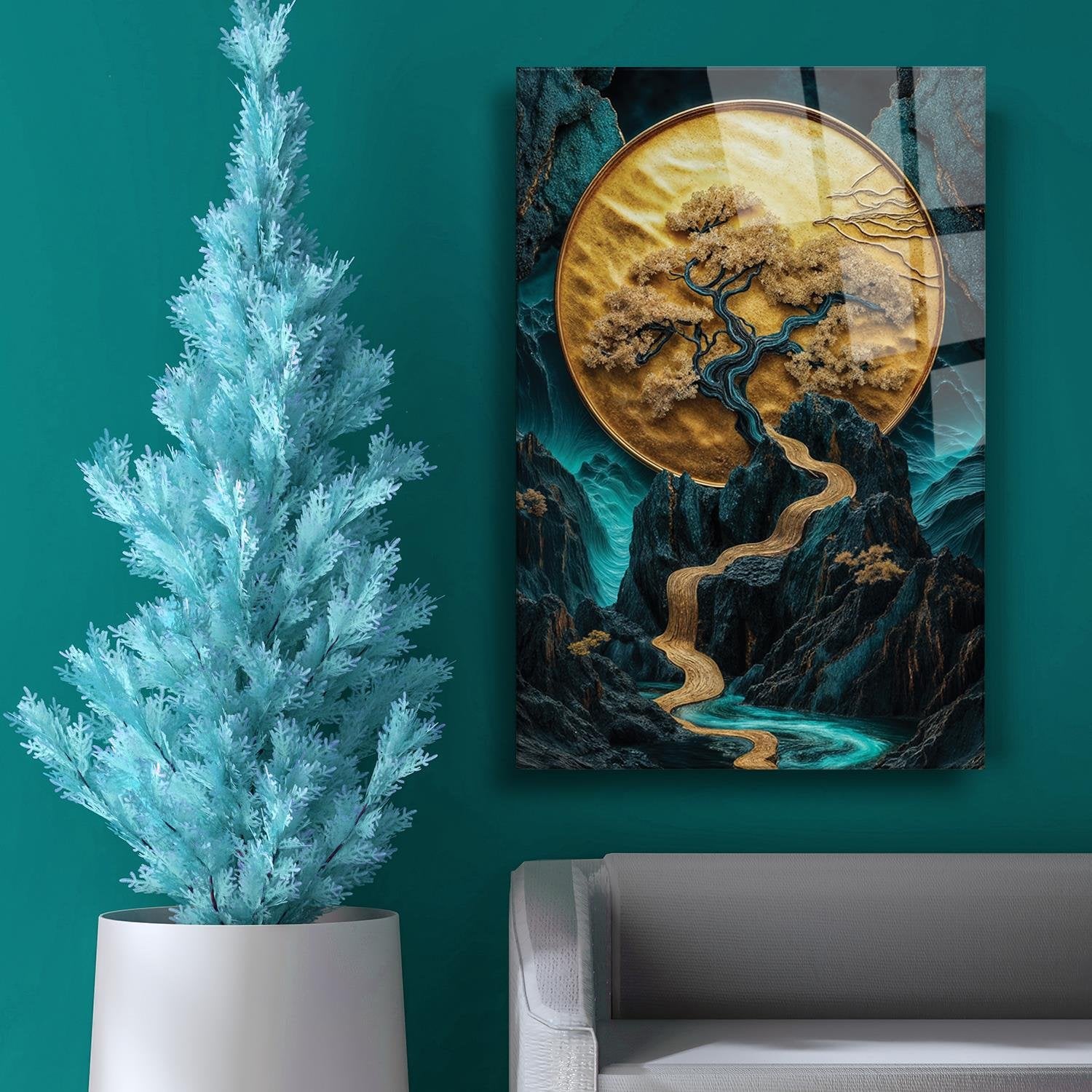 Sürrealist Ay Önü Kuru Ağaç Temalı Cam Tablo