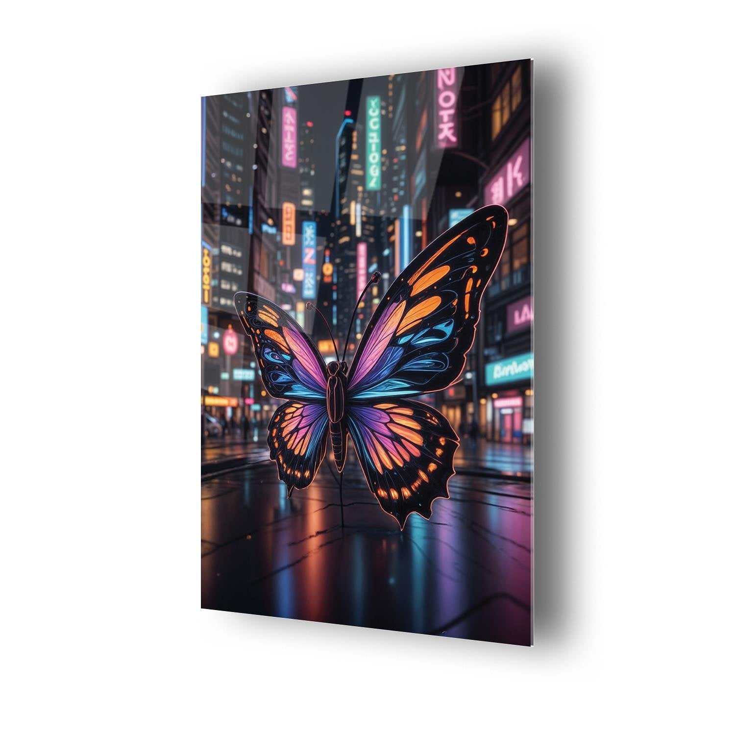 Sürrealist Neon Renkli Kelebek Serisi Cam Tablo