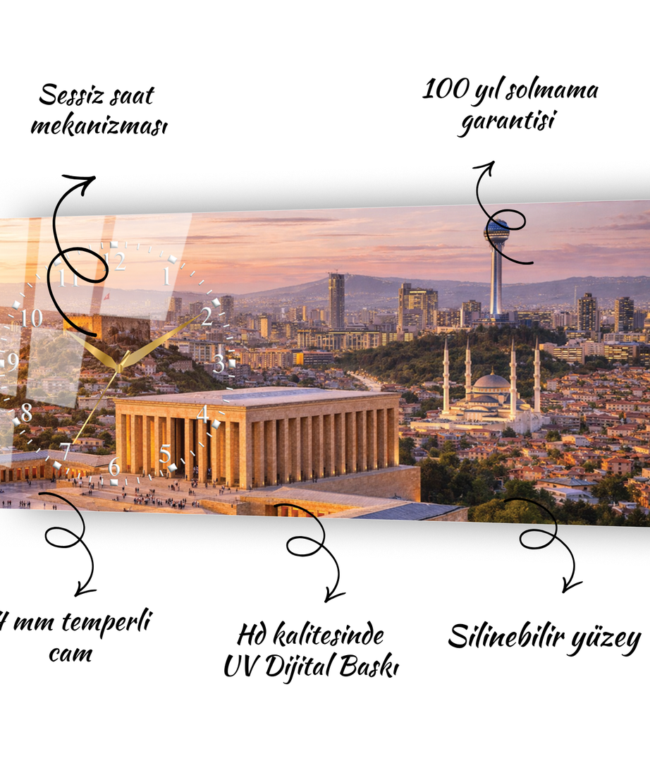 Ankara Anıtkabir Temalı Temperli Saatli Cam Tablo