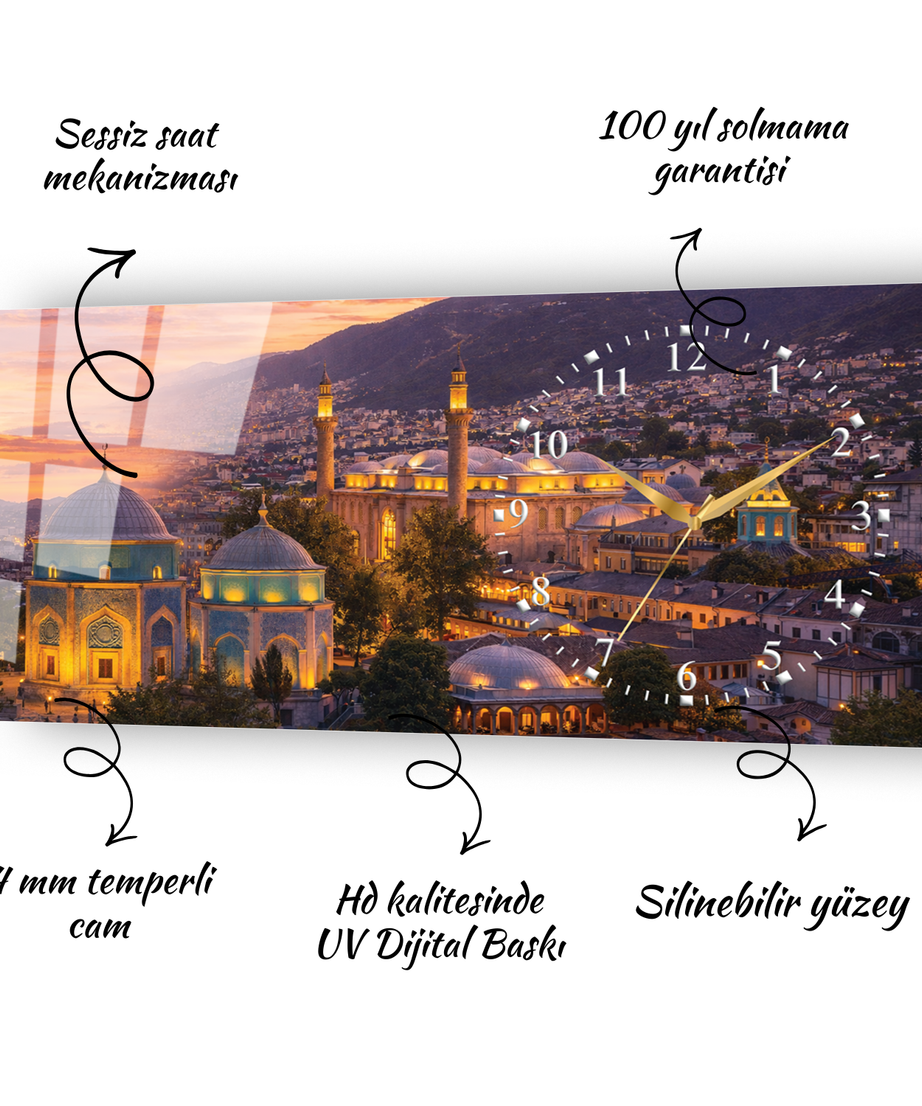 Bursa Uludağ ve Tophane Temalı Temperli Saatli Cam Tablo