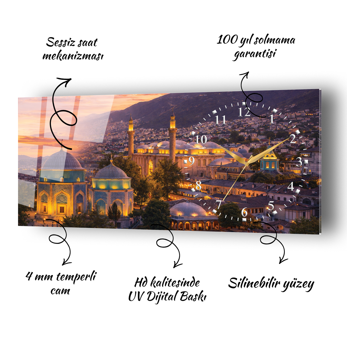 Bursa Uludağ ve Tophane Temalı Temperli Saatli Cam Tablo