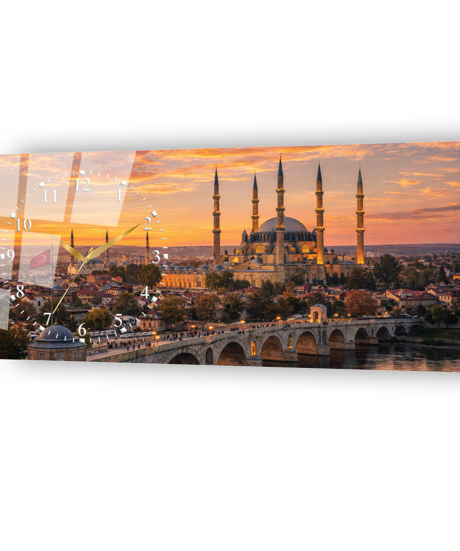 Edirne Selimiye Camii Temalı Temperli Saatli Cam Tablo