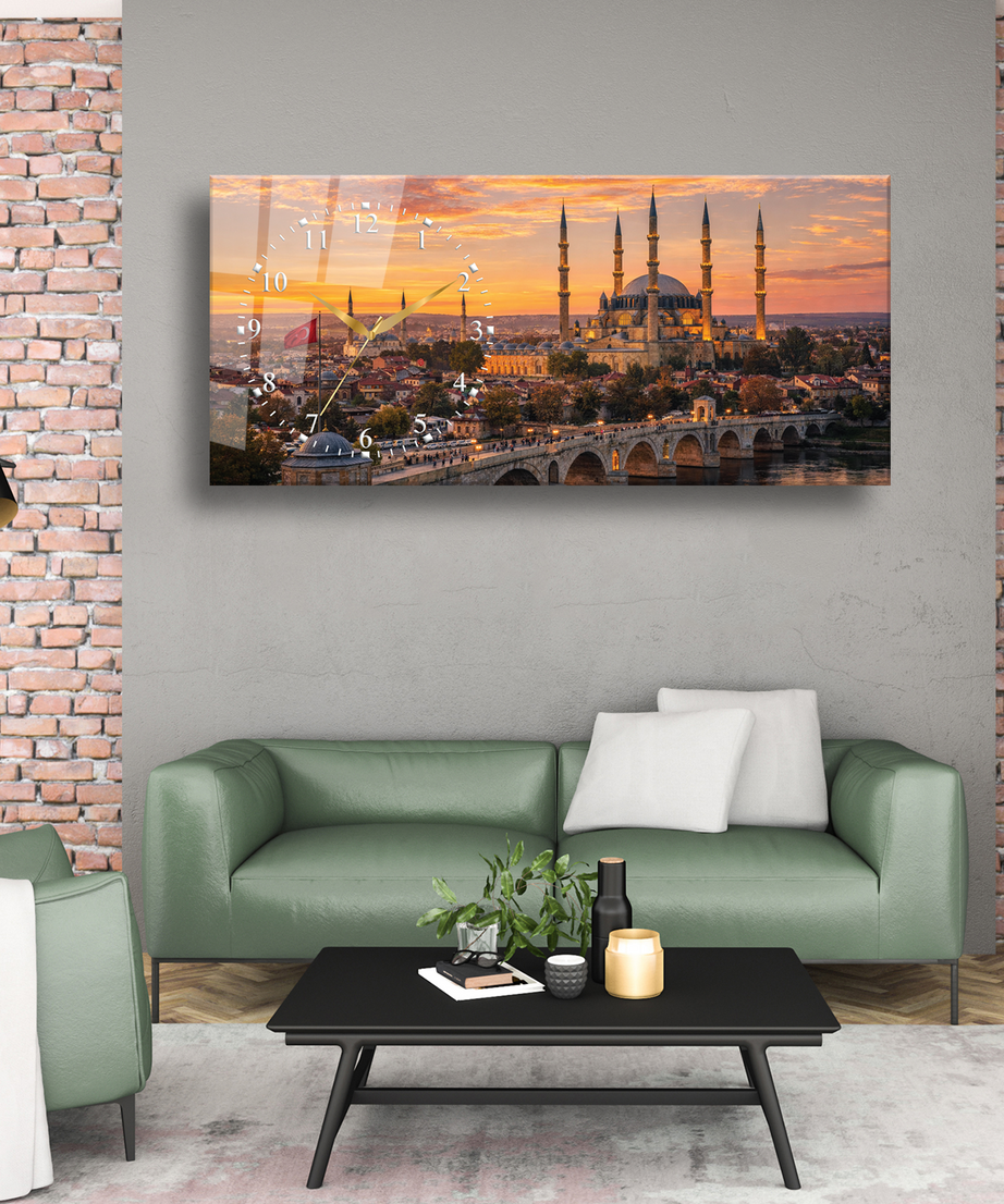 Edirne Selimiye Camii Temalı Temperli Saatli Cam Tablo