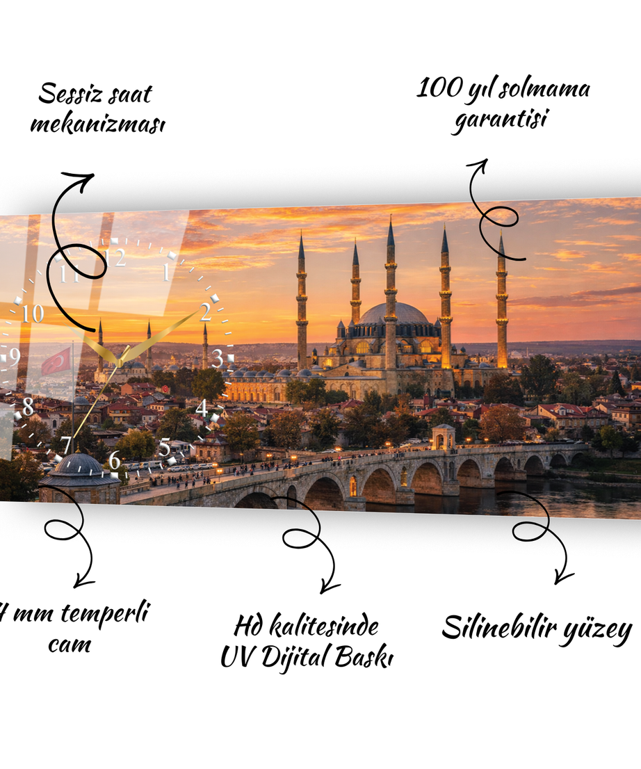 Edirne Selimiye Camii Temalı Temperli Saatli Cam Tablo