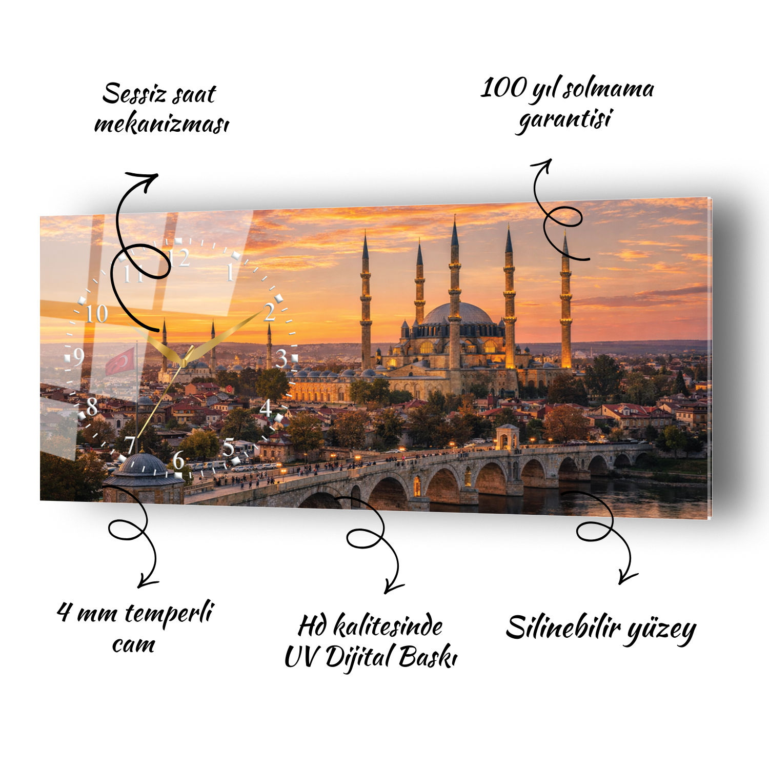 Edirne Selimiye Camii Temalı Temperli Saatli Cam Tablo