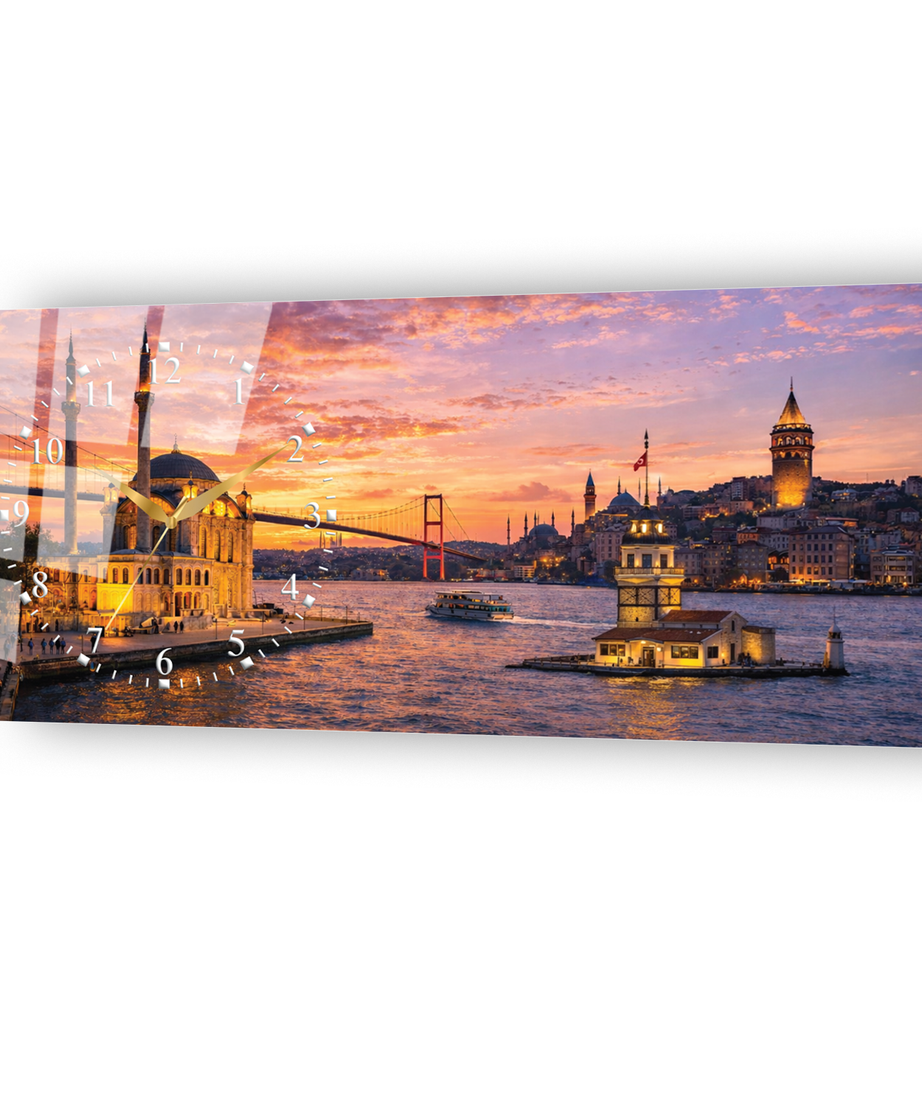 İstanbul Galata Kız Kulesi Temalı Temperli Saatli Cam Tablo