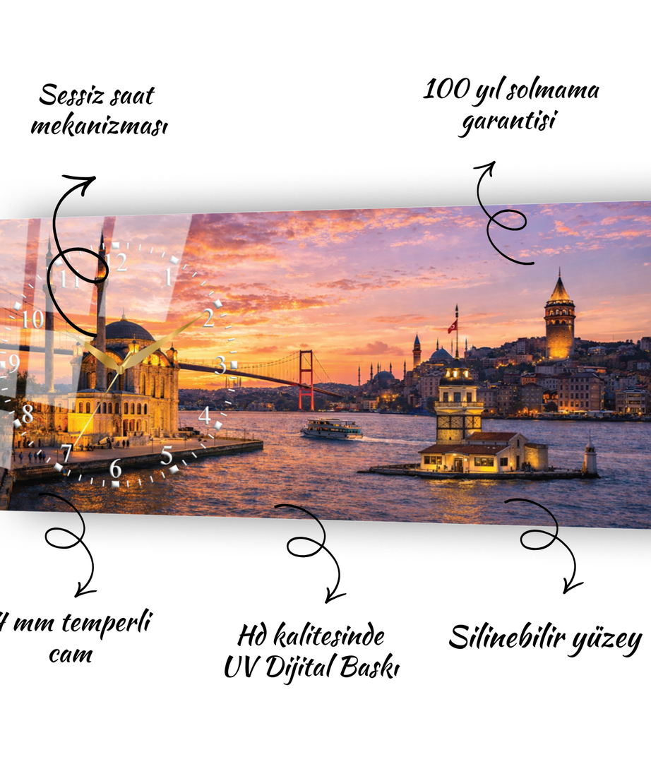 İstanbul Galata Kız Kulesi Temalı Temperli Saatli Cam Tablo