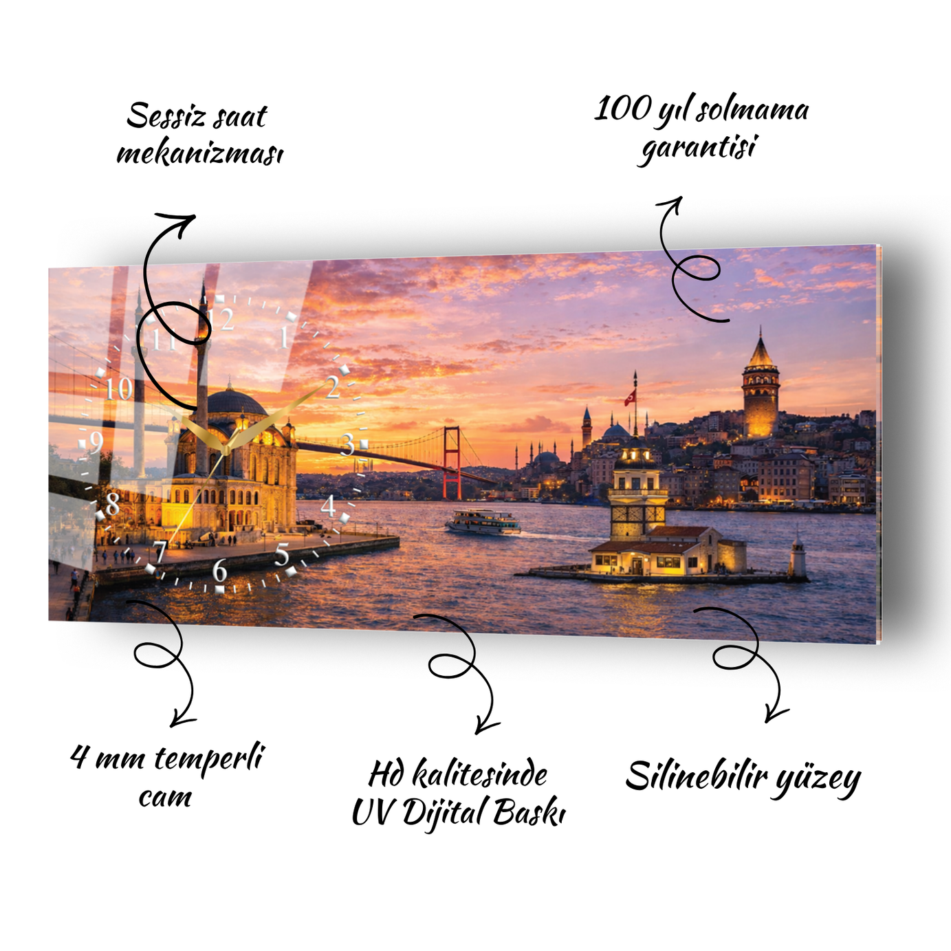 İstanbul Galata Kız Kulesi Temalı Temperli Saatli Cam Tablo