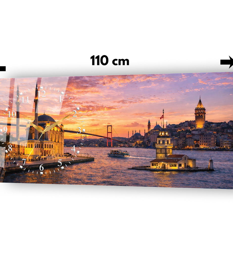 İstanbul Galata Kız Kulesi Temalı Temperli Saatli Cam Tablo