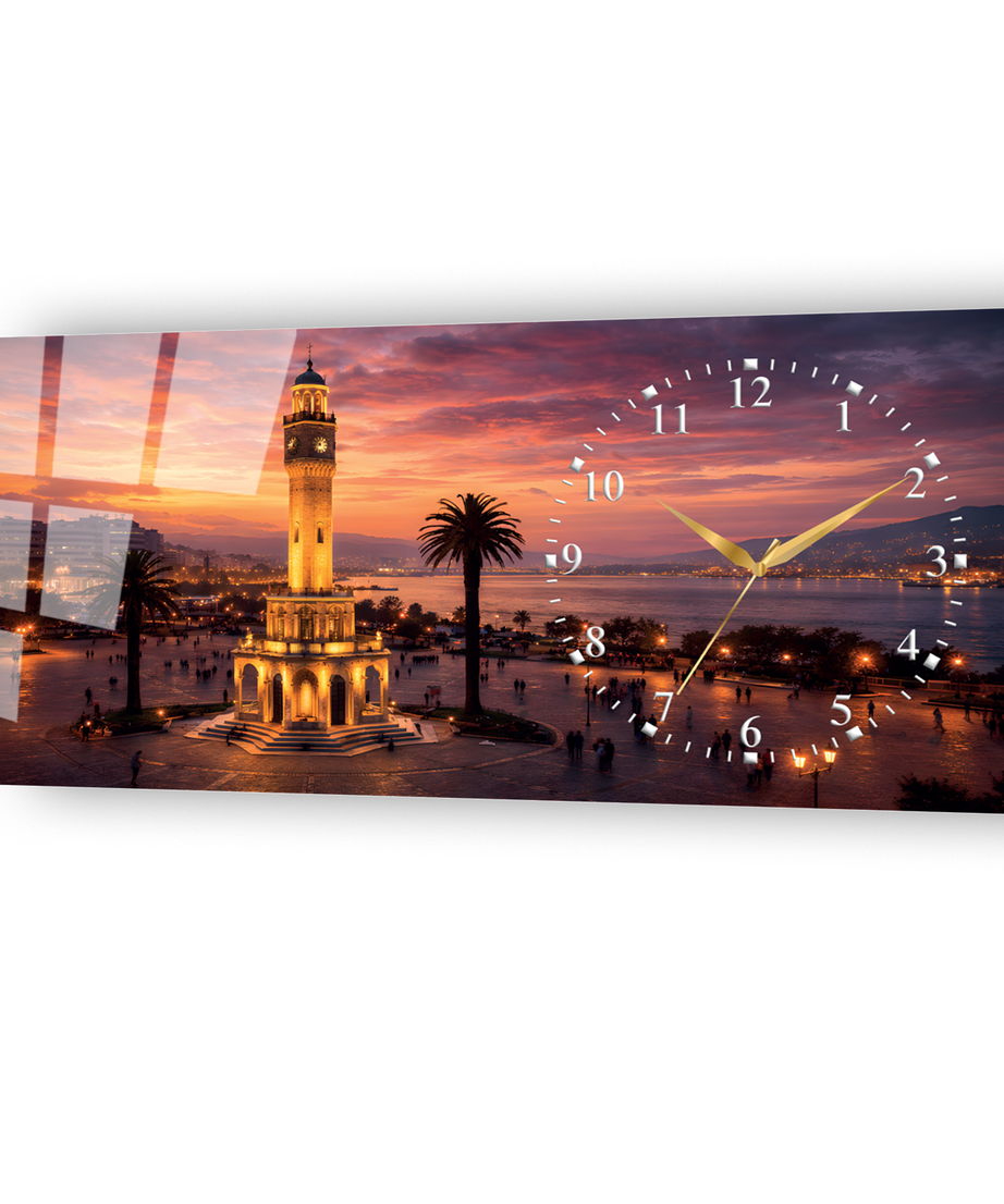 İzmir Konak Saat Kulesi Temalı Temperli Saatli Cam Tablo