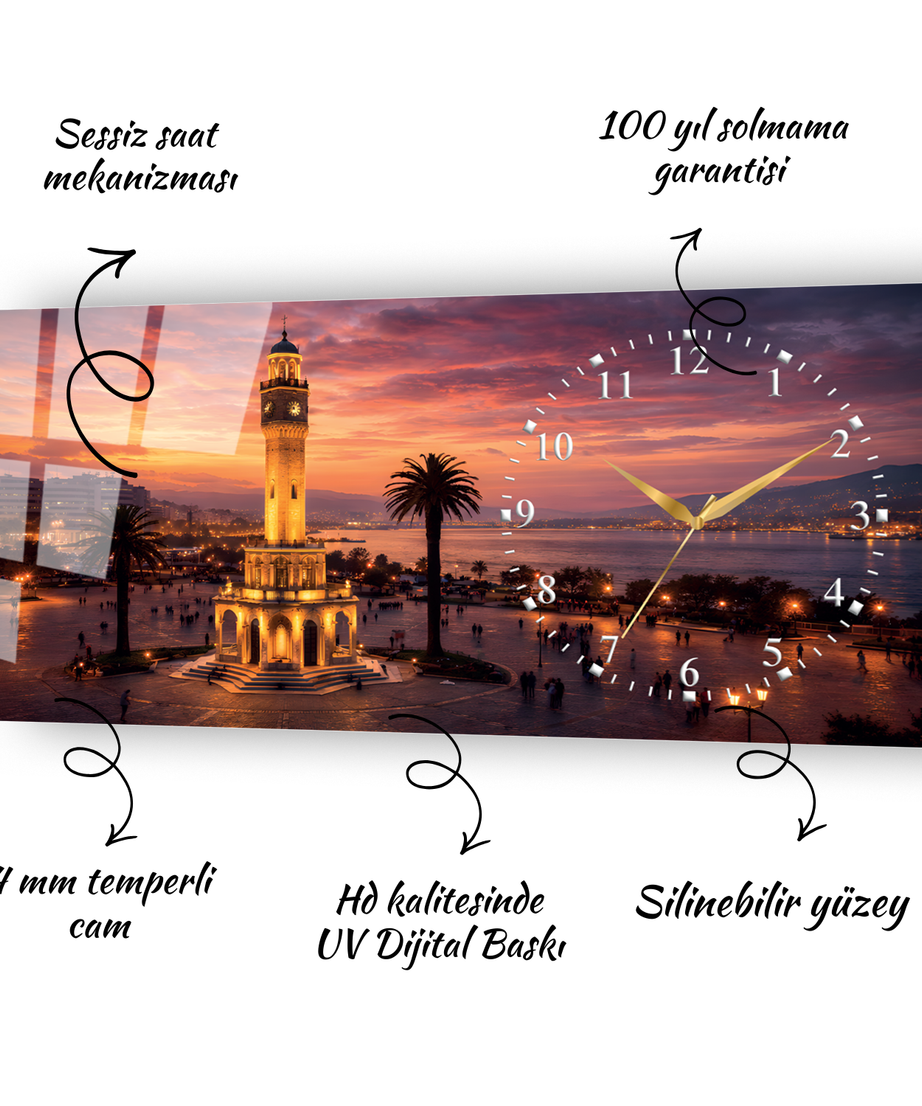İzmir Konak Saat Kulesi Temalı Temperli Saatli Cam Tablo