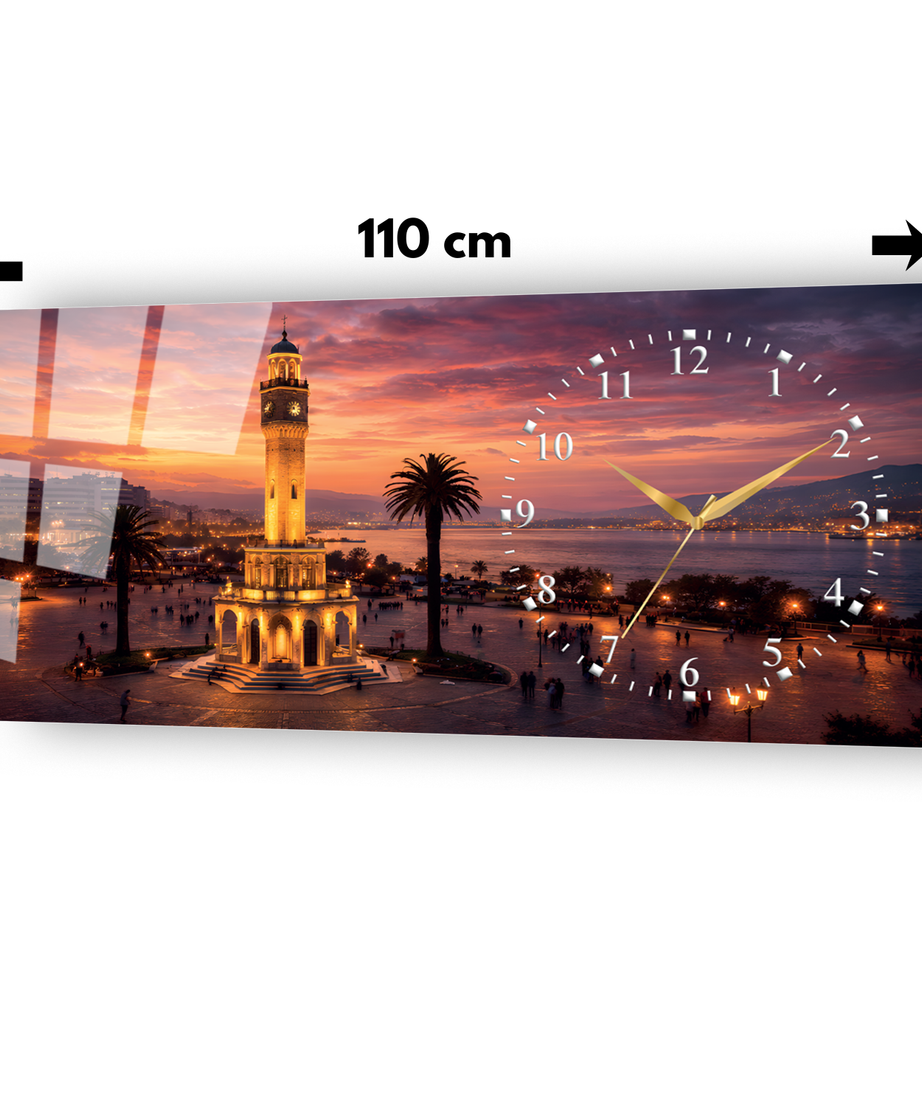 İzmir Konak Saat Kulesi Temalı Temperli Saatli Cam Tablo