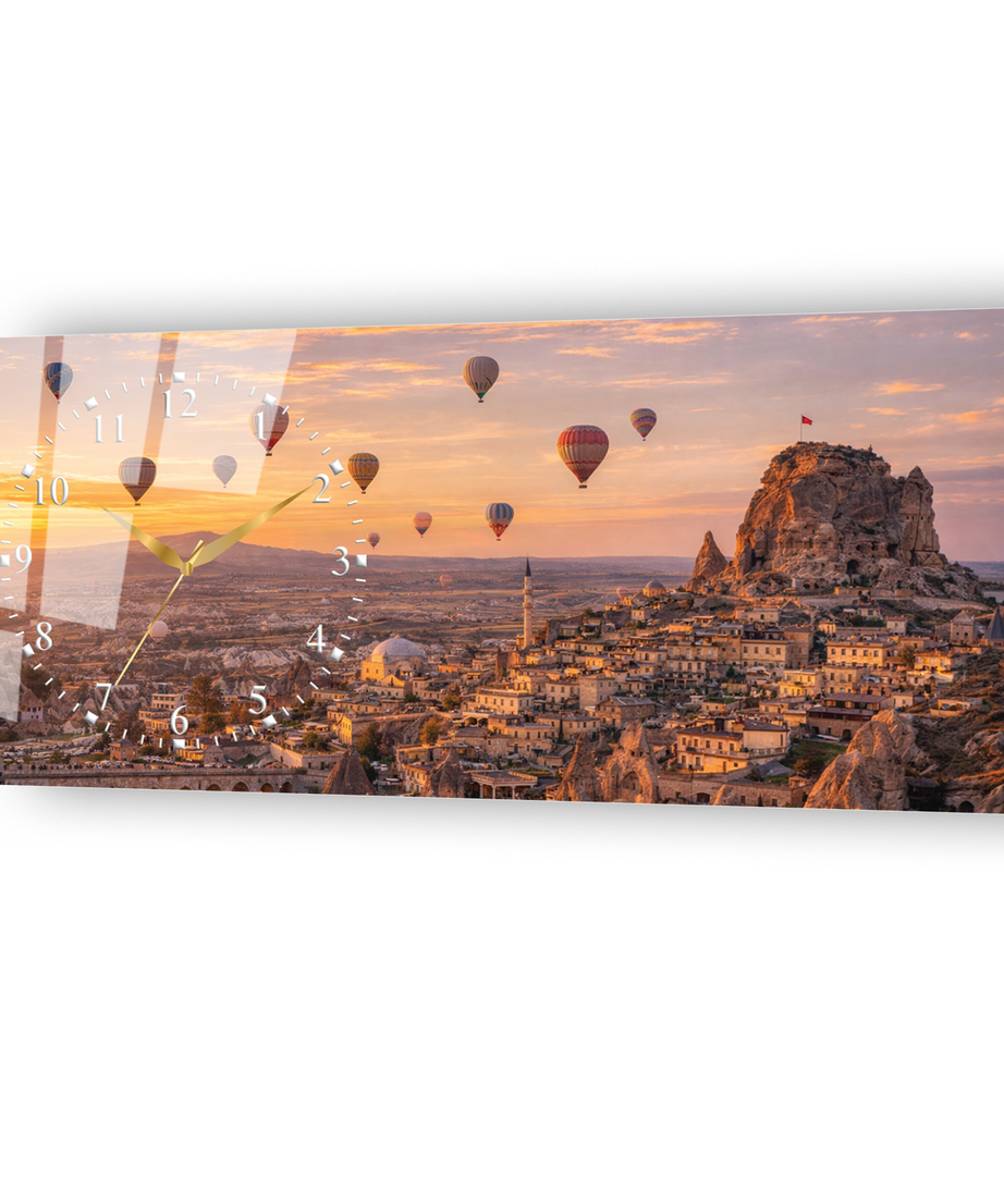 Kapadokya Peri Bacaları ve Balon Manzarası Temperli Saatli Cam Tablo