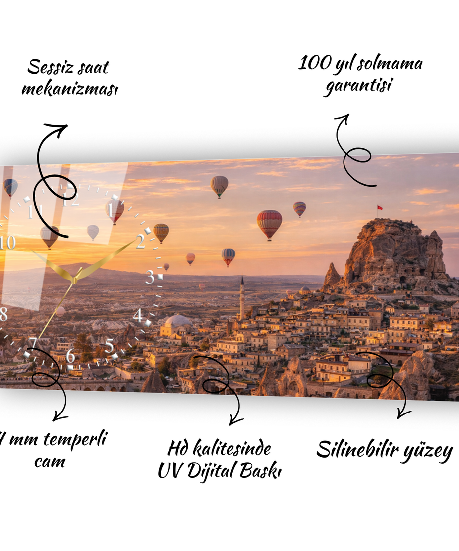 Kapadokya Peri Bacaları ve Balon Manzarası Temperli Saatli Cam Tablo