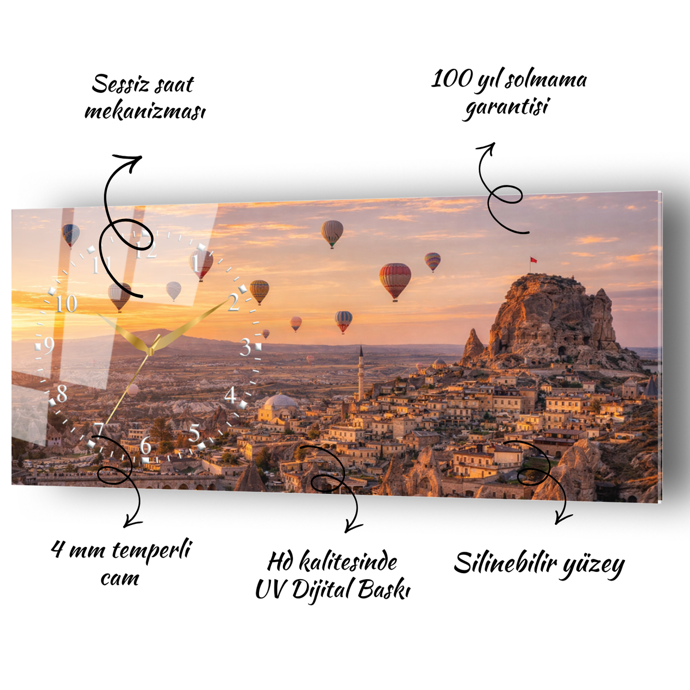 Kapadokya Peri Bacaları ve Balon Manzarası Temperli Saatli Cam Tablo