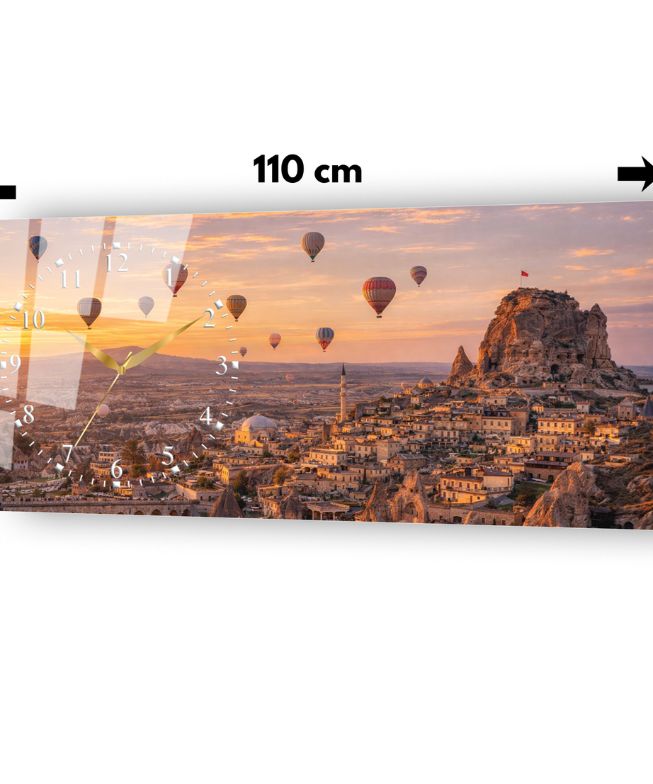Kapadokya Peri Bacaları ve Balon Manzarası Temperli Saatli Cam Tablo