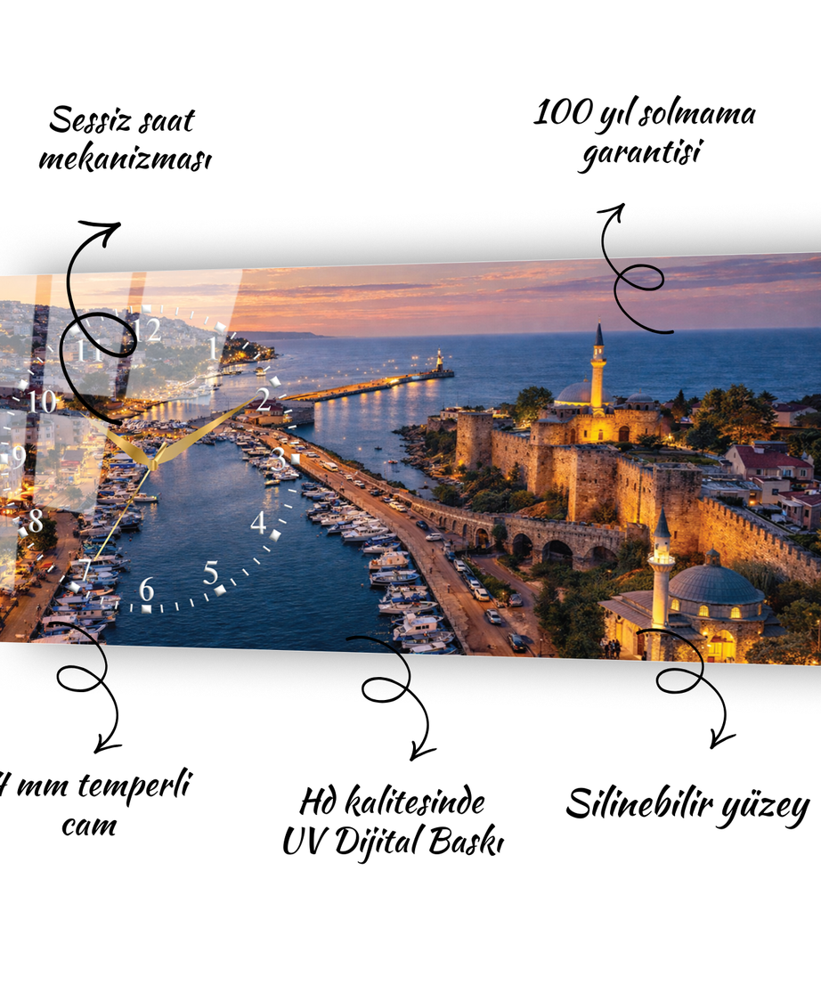 Sinop Tarihi Sahil Manzarası Temalı Temperli Saatli Cam Tablo