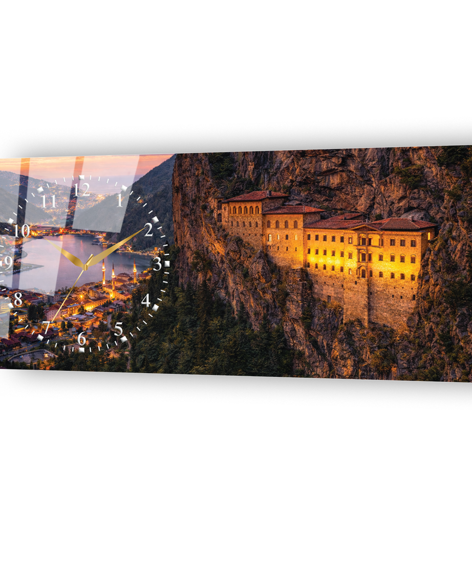 Trabzon Sümela Manastırı Temalı Temperli Saatli Cam Tablo