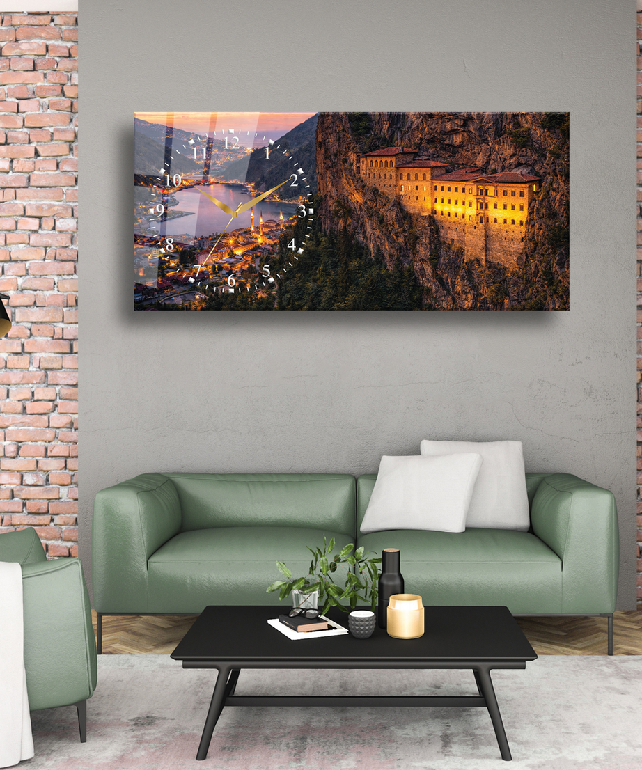 Trabzon Sümela Manastırı Temalı Temperli Saatli Cam Tablo