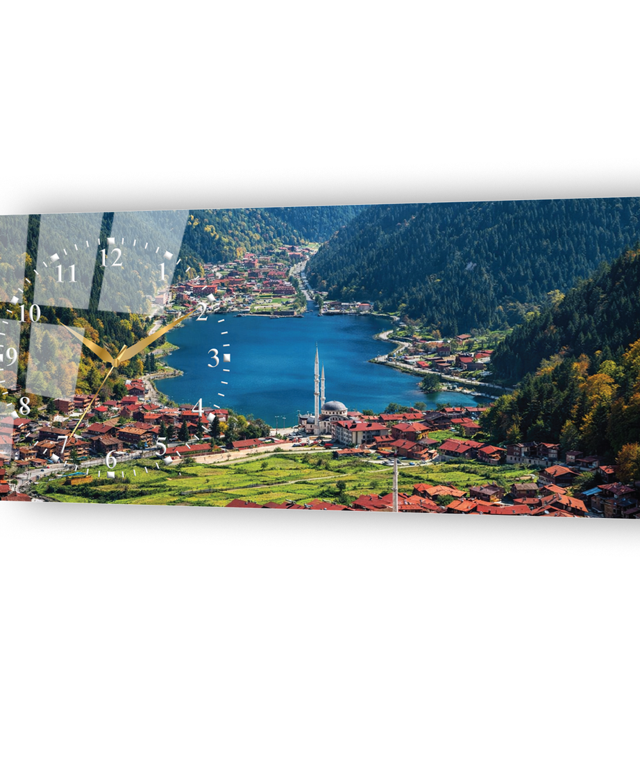 Trabzon Uzungöl Temalı Temperli Saatli Cam Tablo