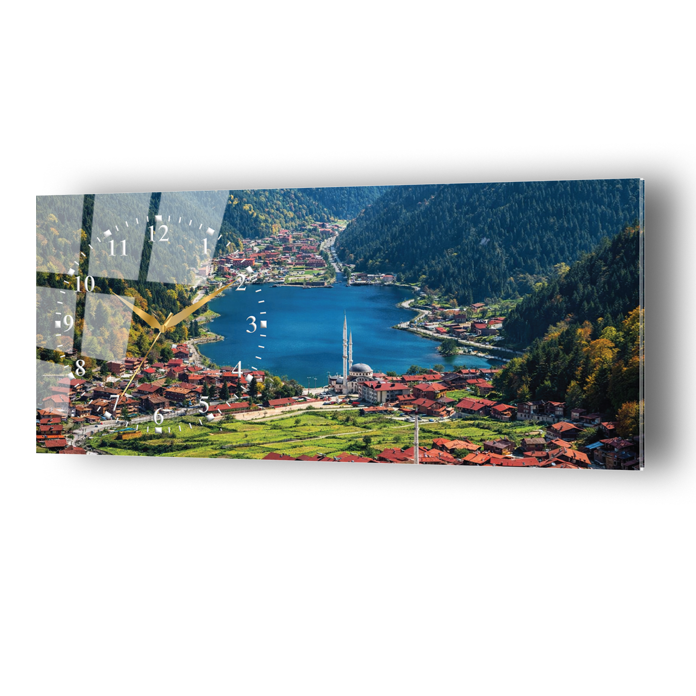Trabzon Uzungöl Temalı Temperli Saatli Cam Tablo