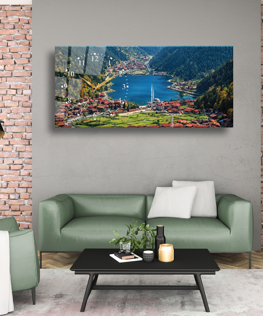 Trabzon Uzungöl Temalı Temperli Saatli Cam Tablo