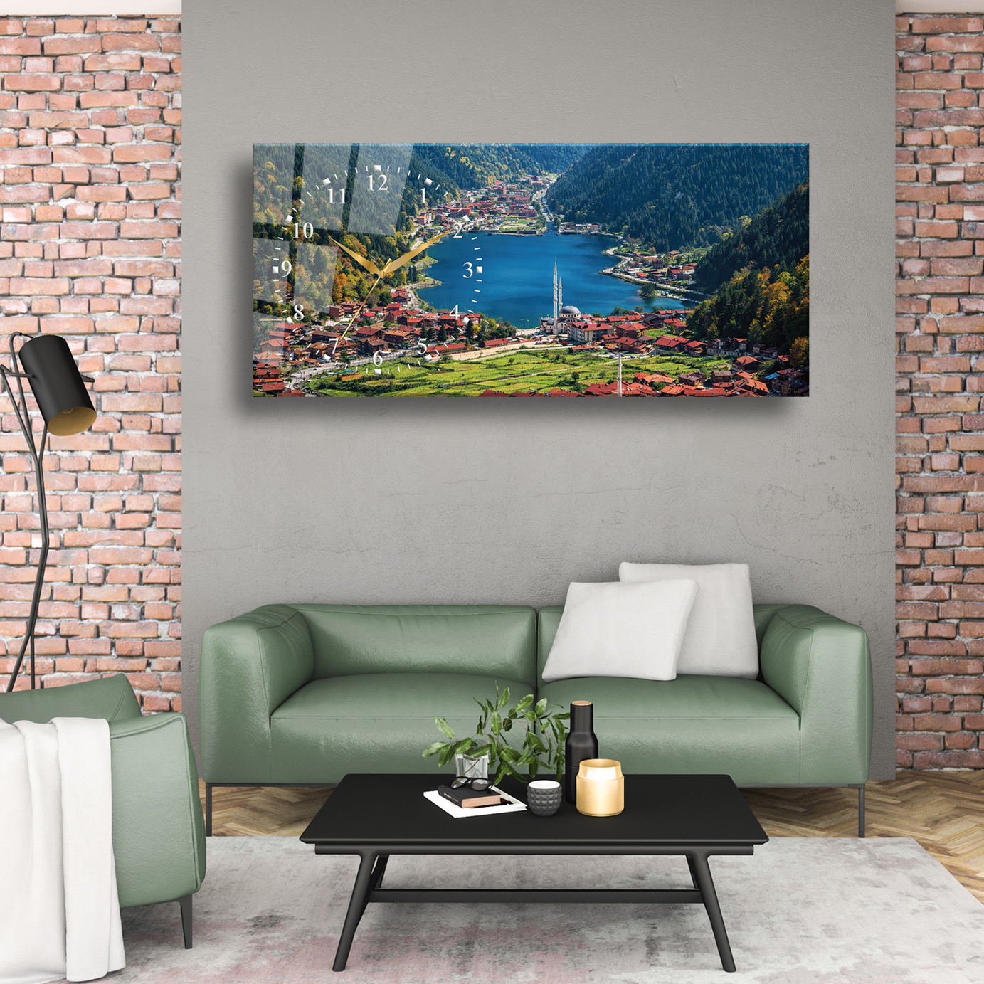 Trabzon Uzungöl Temalı Temperli Saatli Cam Tablo