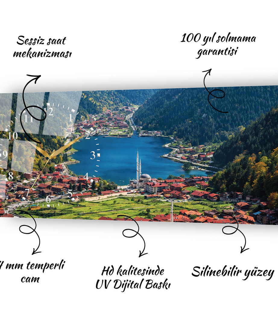 Trabzon Uzungöl Temalı Temperli Saatli Cam Tablo