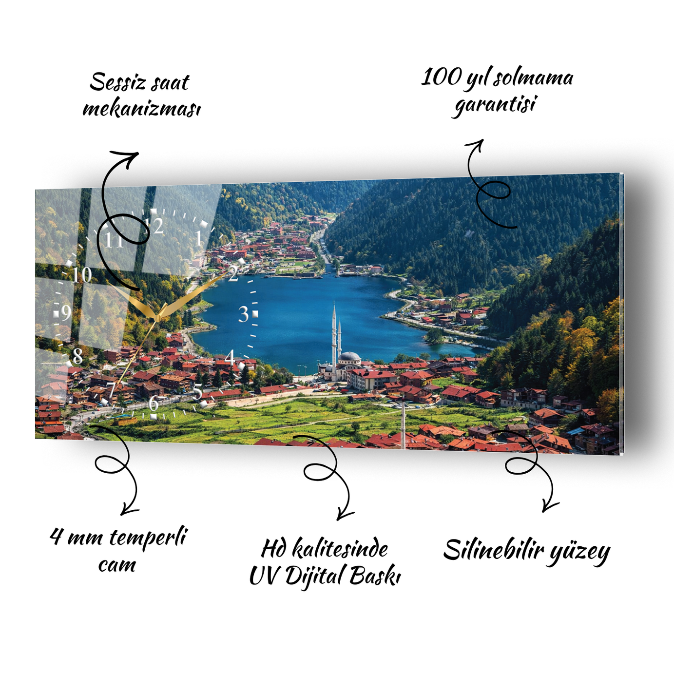 Trabzon Uzungöl Temalı Temperli Saatli Cam Tablo