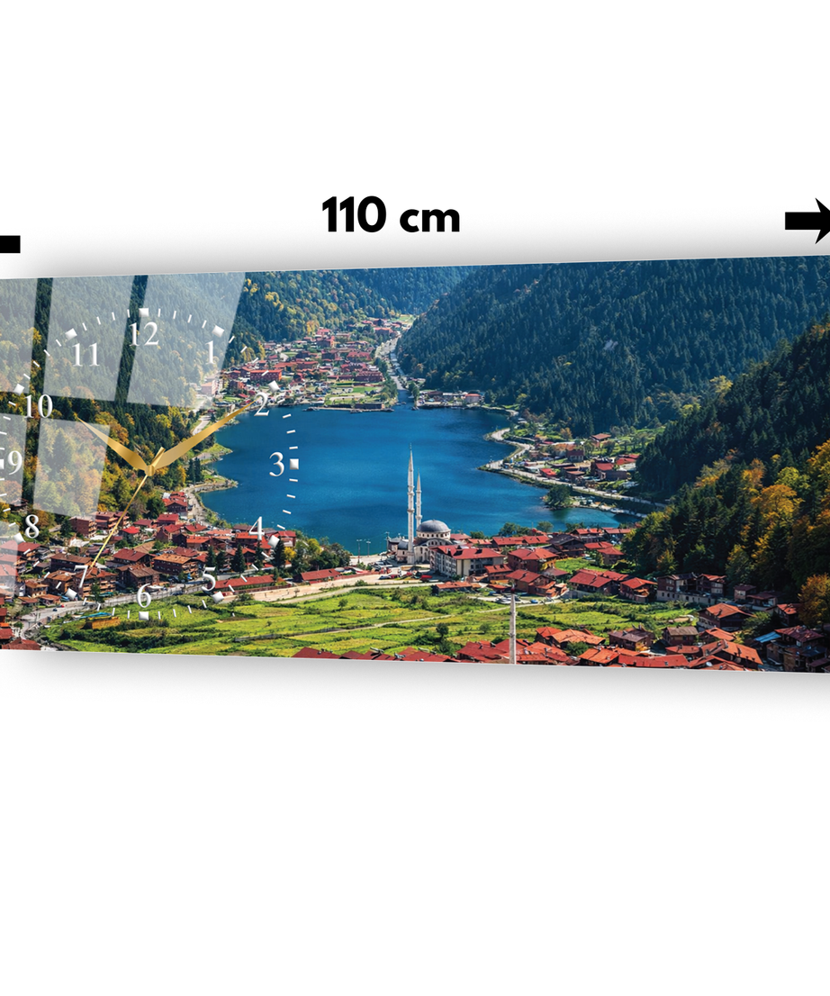 Trabzon Uzungöl Temalı Temperli Saatli Cam Tablo