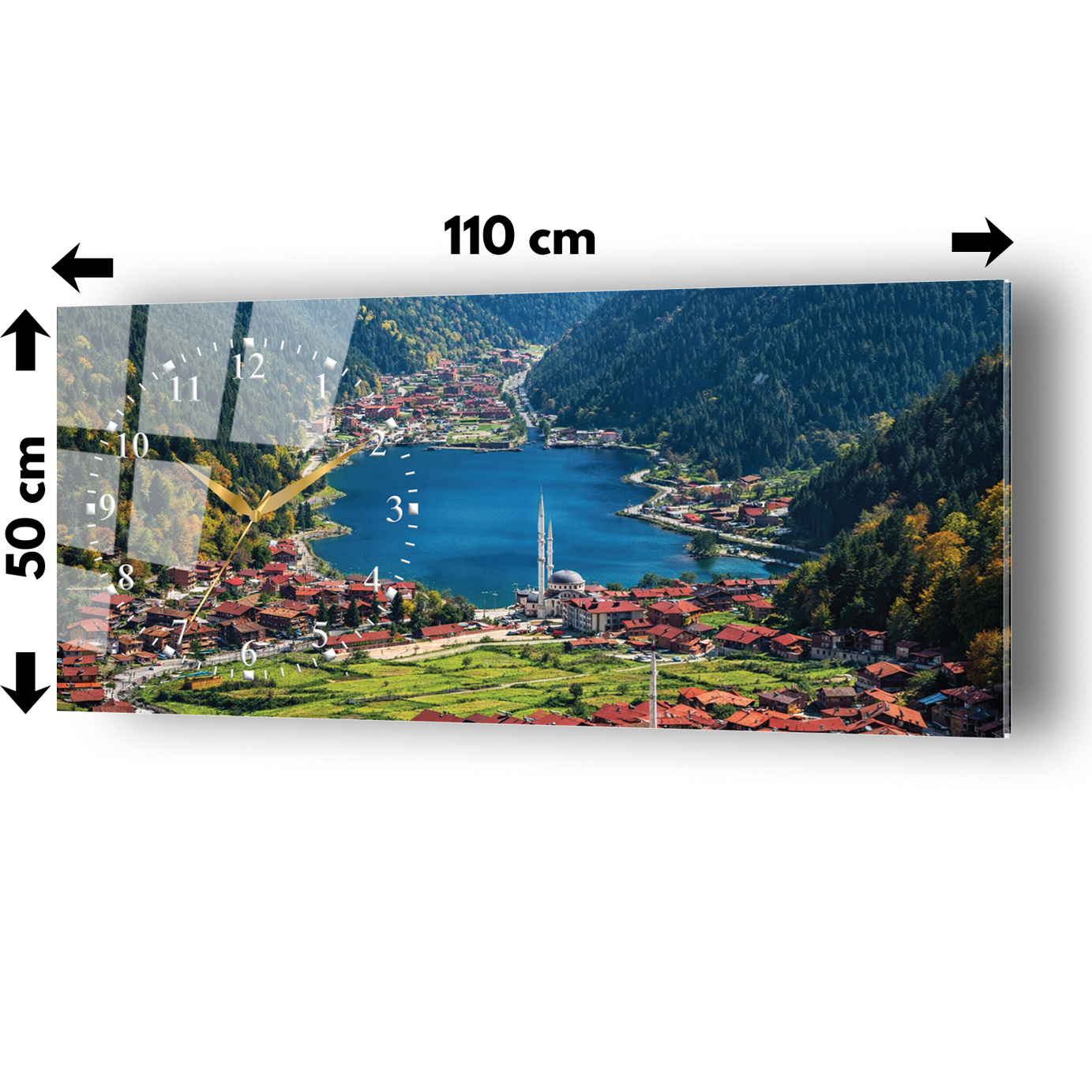 Trabzon Uzungöl Temalı Temperli Saatli Cam Tablo