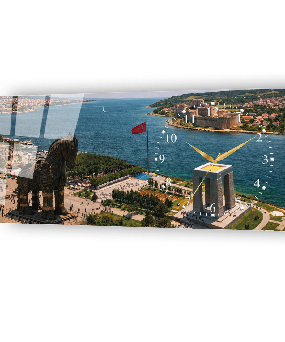 Çanakkale Truva Atı Temalı Temperli Saatli Cam Tablo