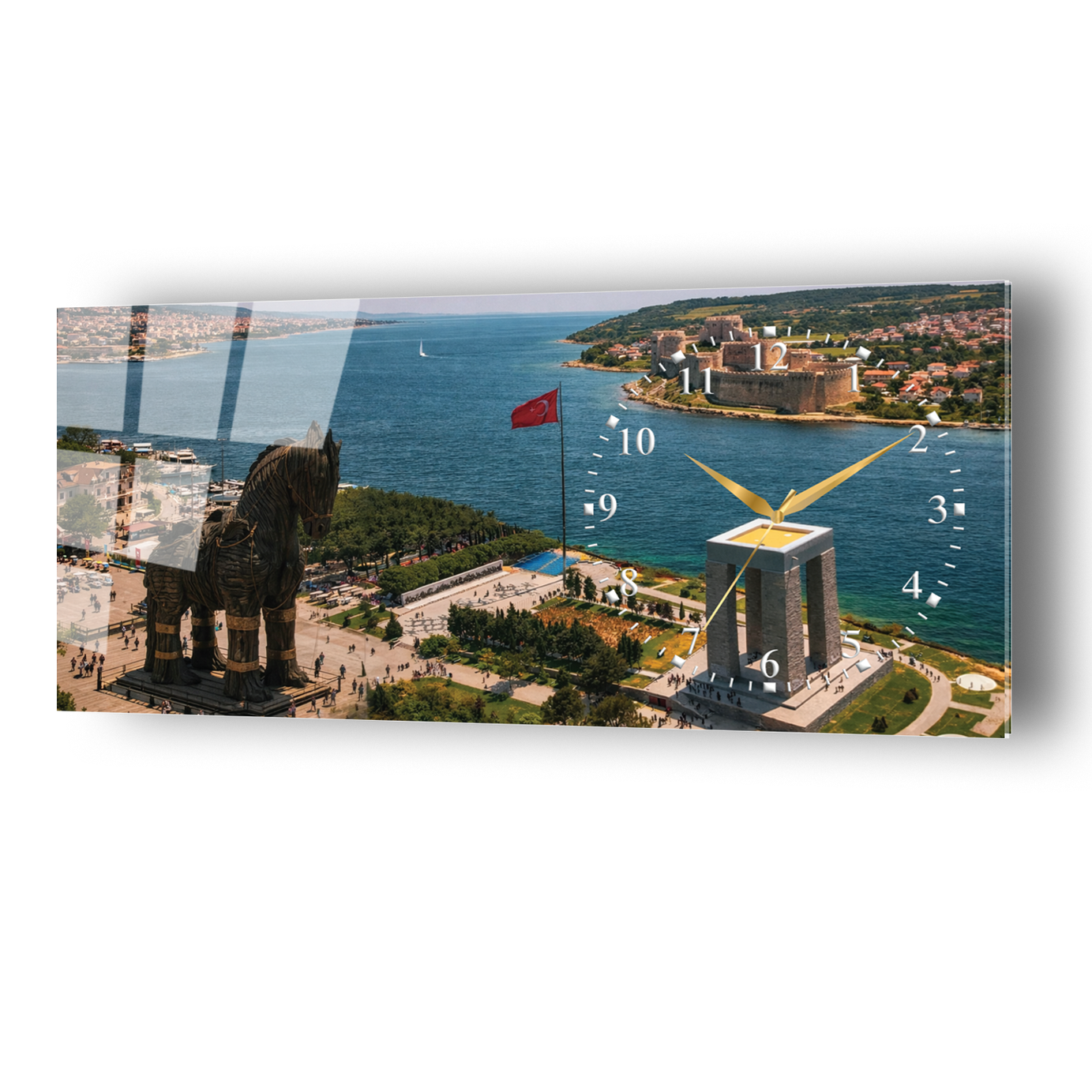 Çanakkale Truva Atı Temalı Temperli Saatli Cam Tablo