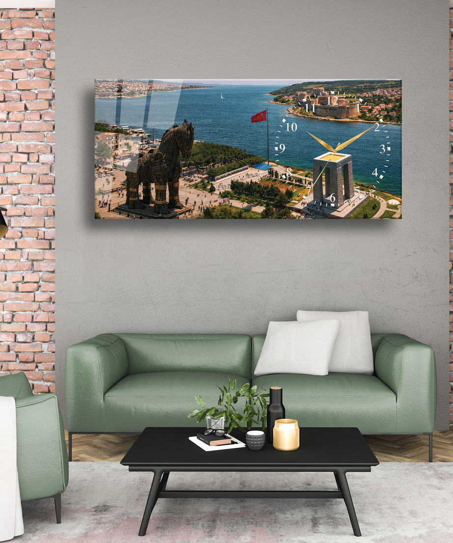 Çanakkale Truva Atı Temalı Temperli Saatli Cam Tablo